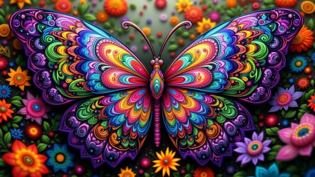 Kaleidoscopic Butterfly in Art Nouveau Fractal Garden