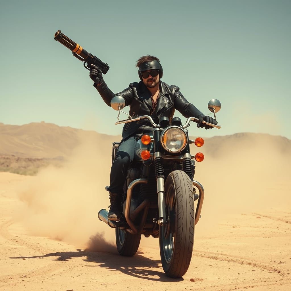 Cyberpunk Rider with Futuristic Weapon in Desert Landscape