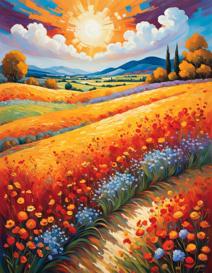 Sunlit Wheatfield in Vibrant Impressionist Style