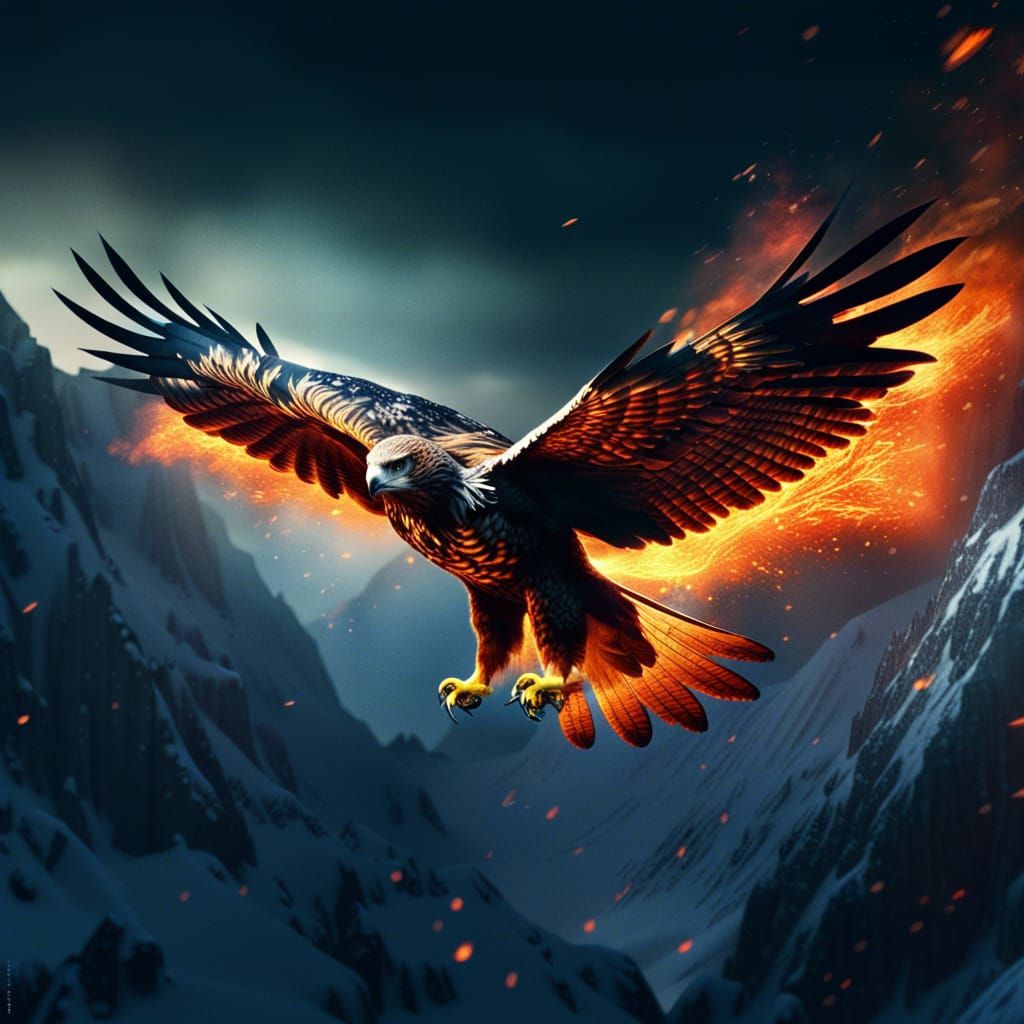 Fiery Hawk Soaring Through Snowy Mountains at Night