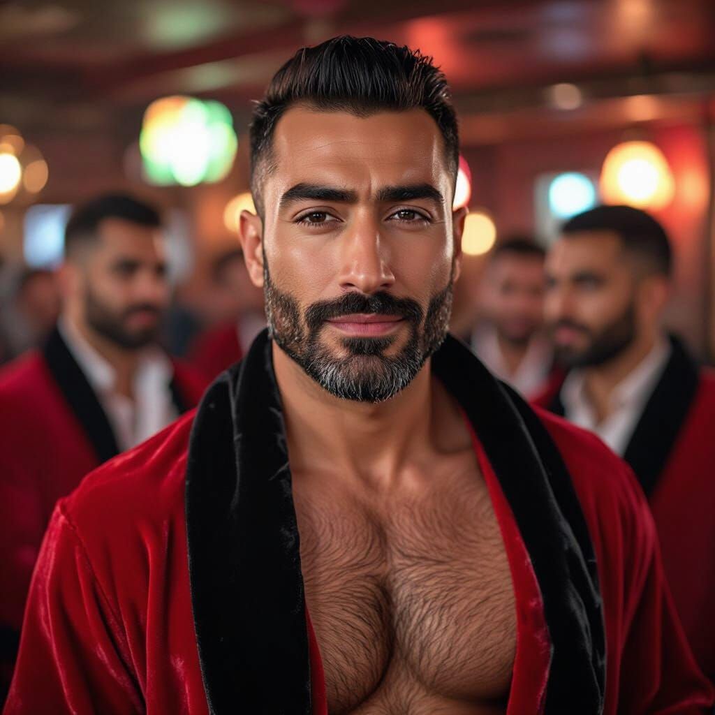 Man in Red Velvet Robe with Expressive Emotions