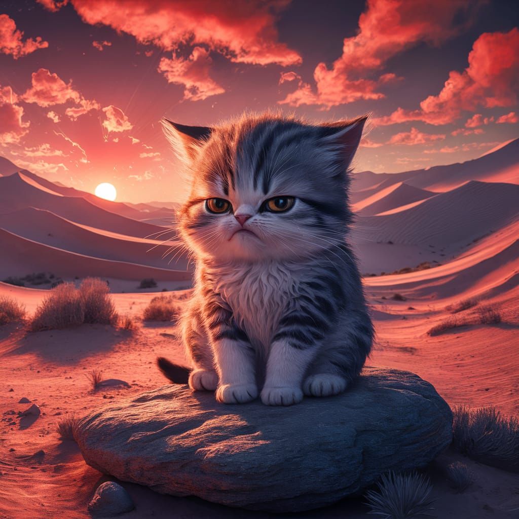 Grumpy Kitten in Desert Sunset: 3D Anime Art