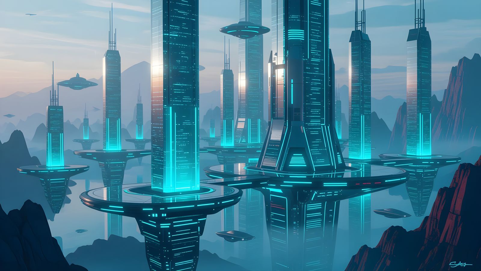 Futuristic Alien Cityscape with Turquoise Lights