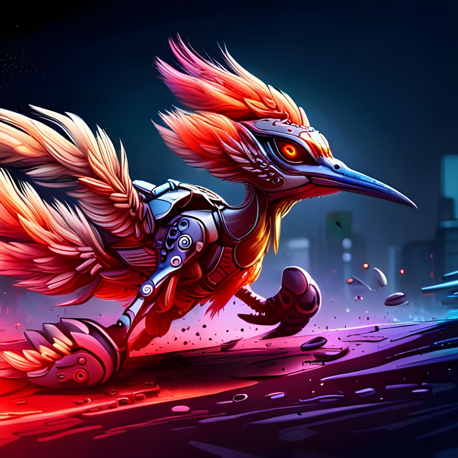 Extremely Detailed cybernetic armored roadrunner, action shot, concept art, Kerby Rosanes splash art, 8k, blender render...