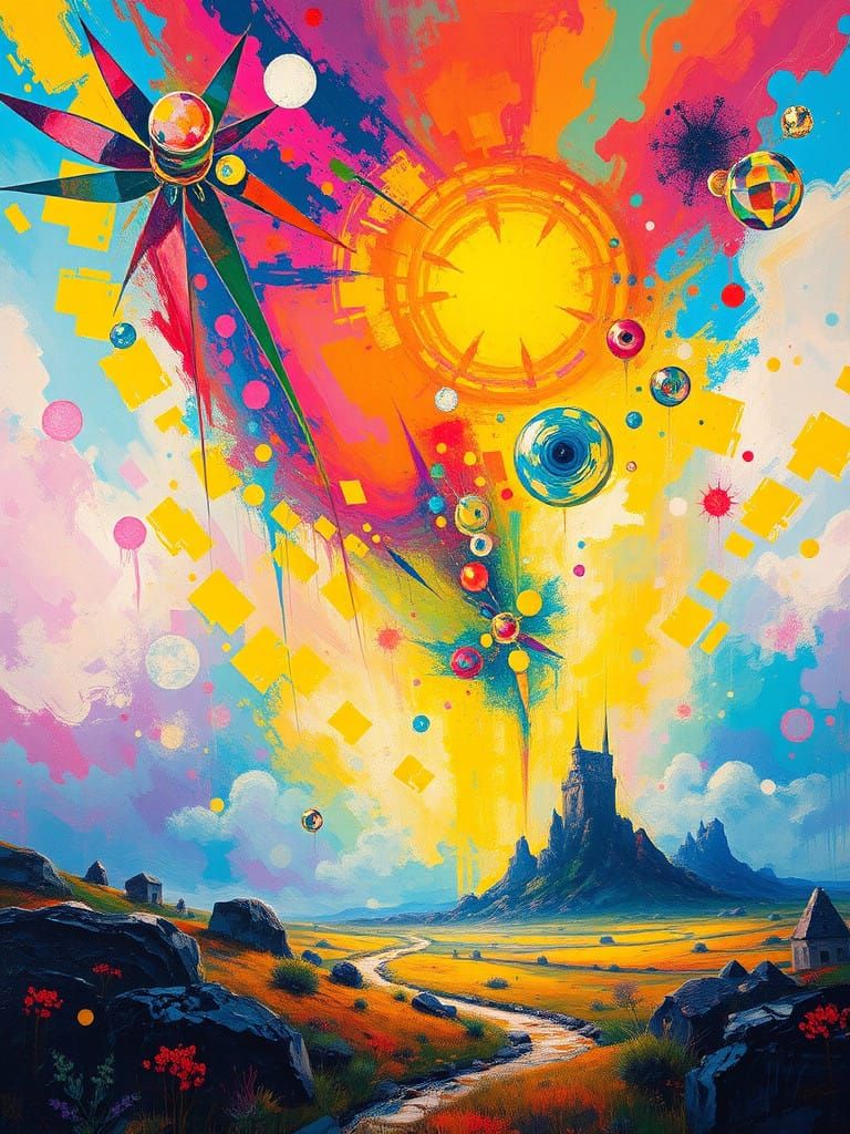 Vibrant Dreamlike Futuristic Scene in Bold Brushstrokes
