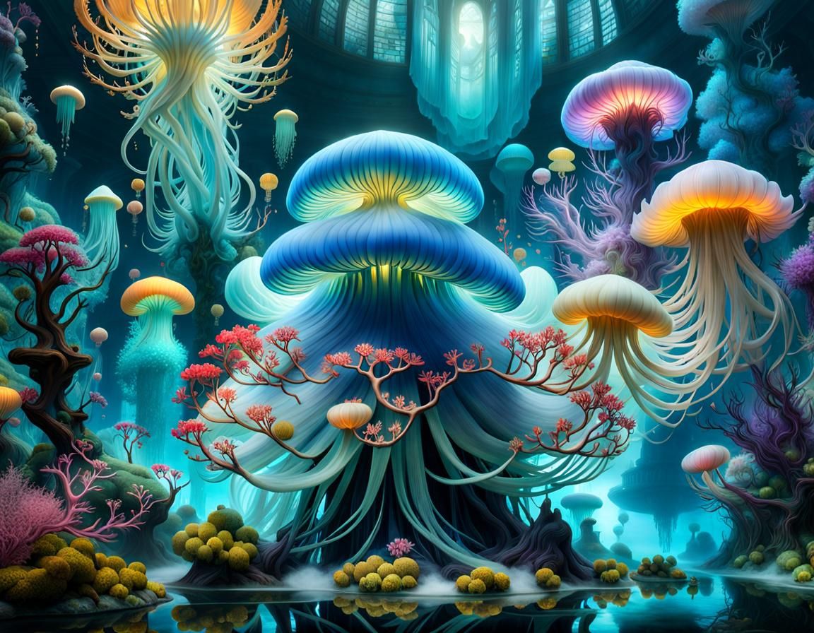 Hyperdetailed Jellyfish Garden in Silkpunk Style