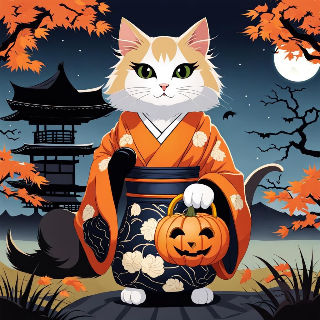 Kimono Cat with Pumpkin Basket, Ukiyo-e Style