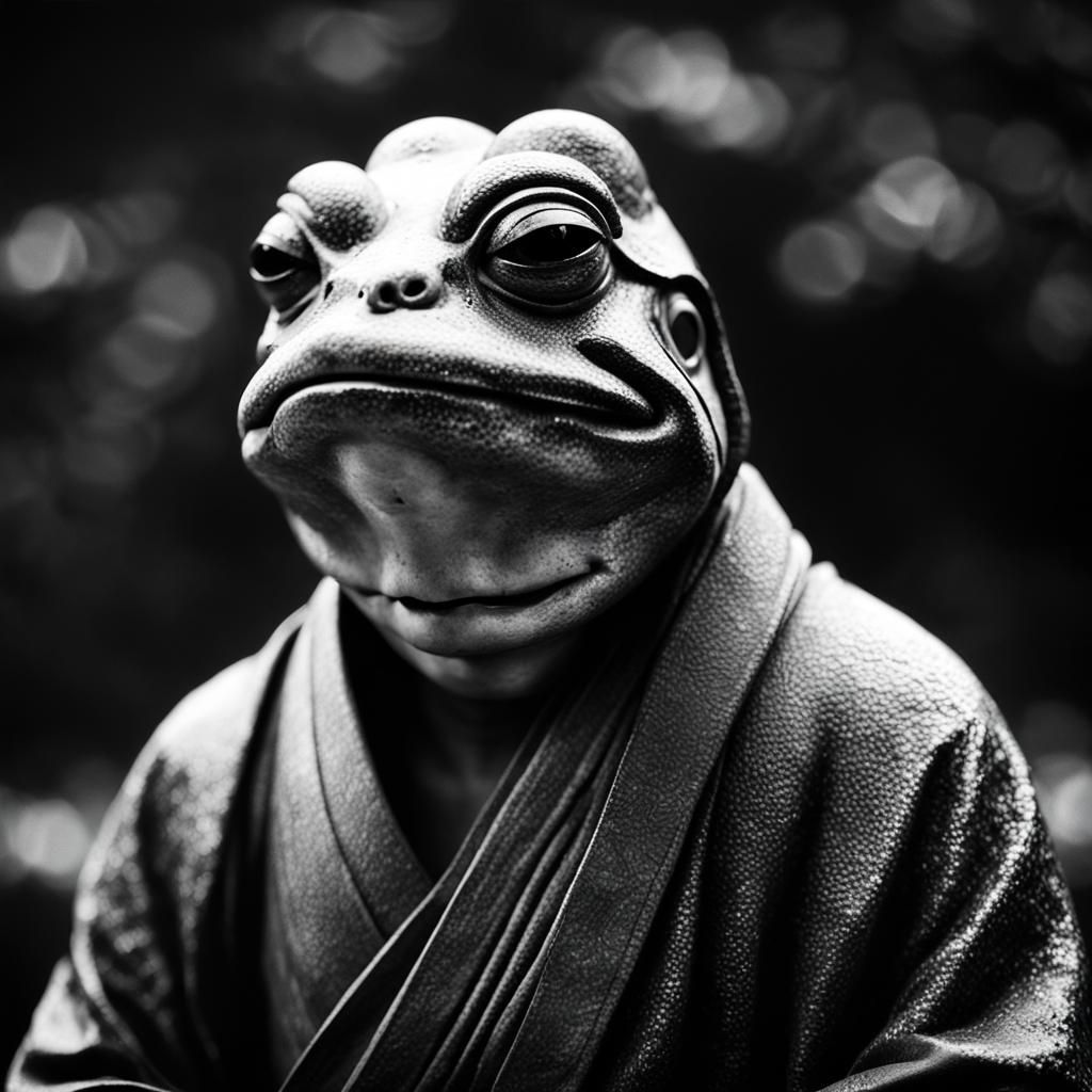 Monochrome Photo of Meditating Frog Monk