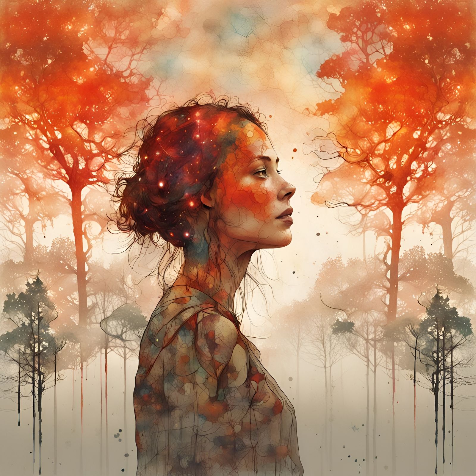 Cosmic Double Exposure: Woman in Dripping Galaxy