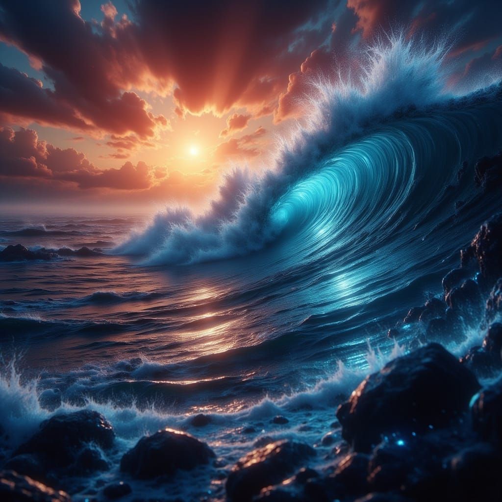 Colossal Crashing Wave Under Fiery Sunset