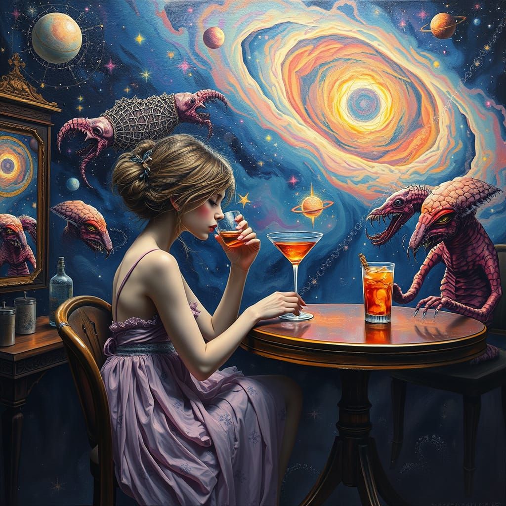 Cosmic Cafe Scene with Space Creatures in Oil Painting Style