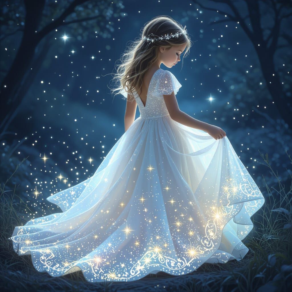Girl in Starlight Dress with Glowing Runes
