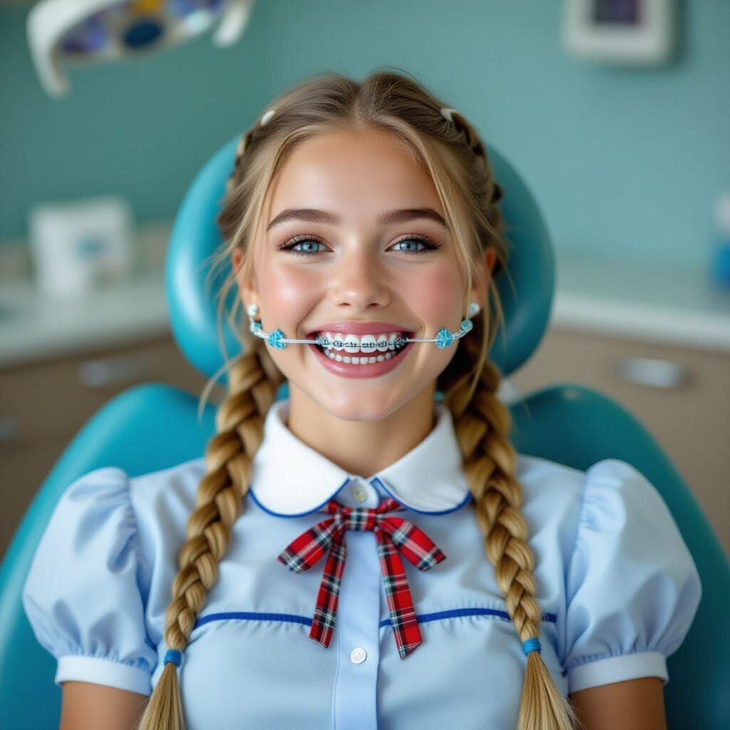 Young Woman With Braces and Headgear in Dentist Chair