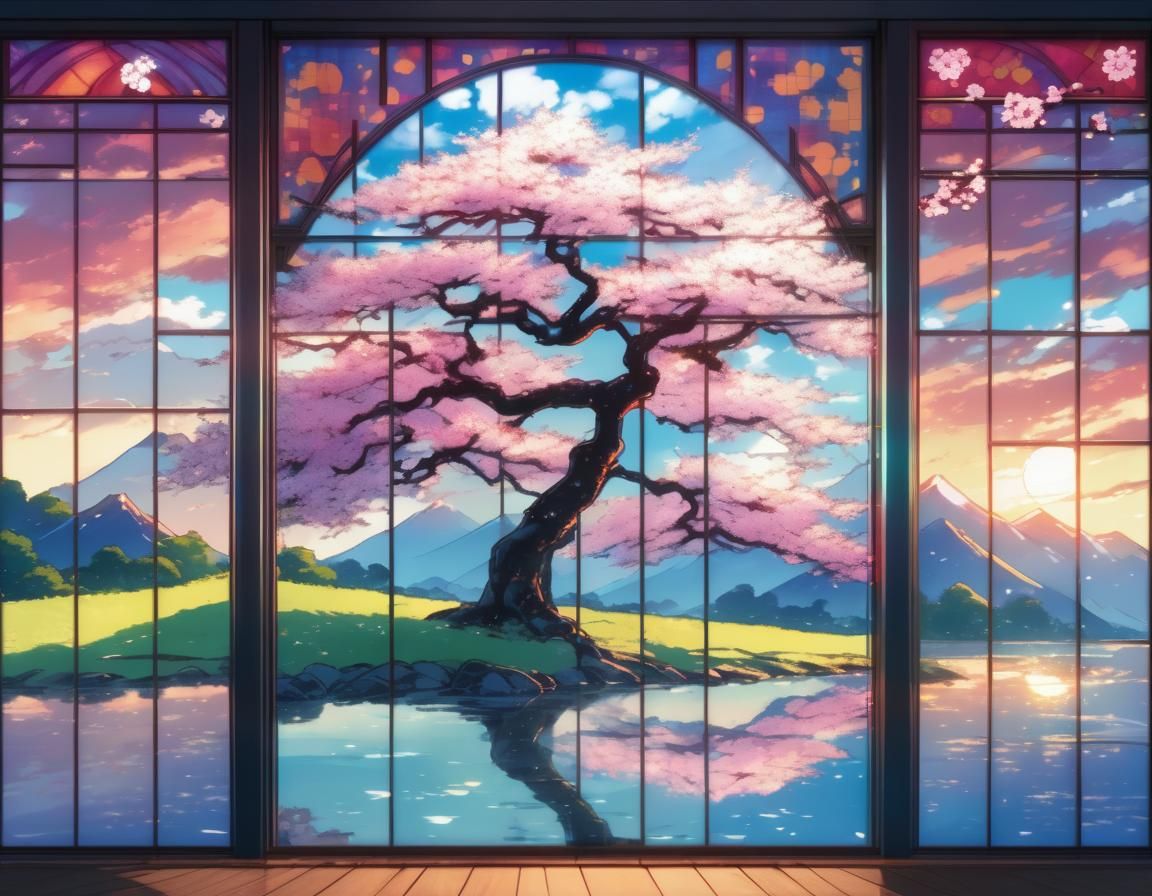 Cherry Blossom Triptych in Anime Style