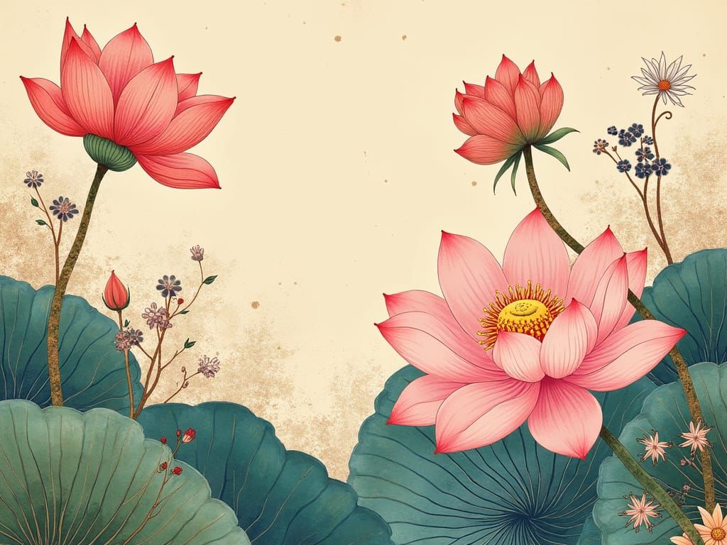 Elegant Lotus: Vintage Japanese Stencil Art in Minhwa Style