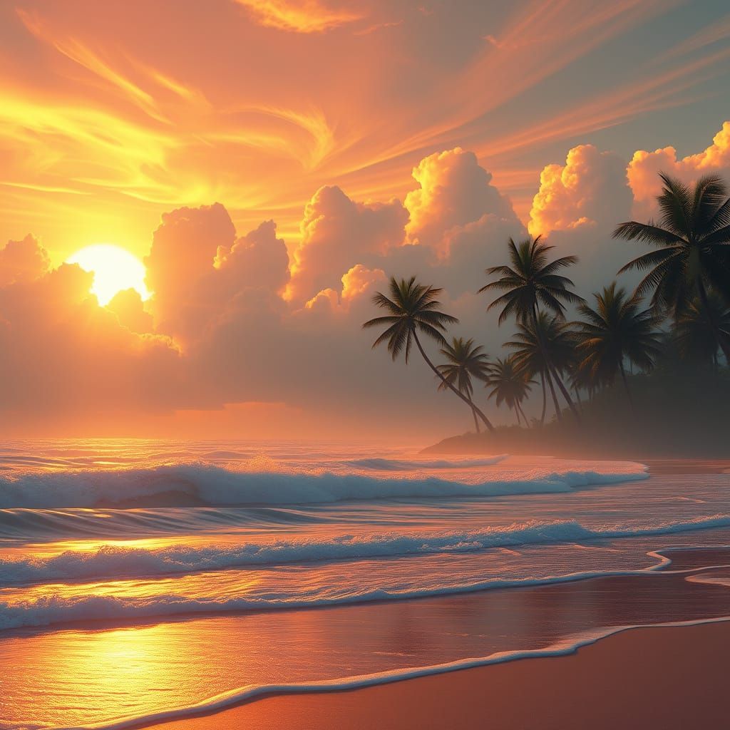 Ethereal Sunset Seaside Landscape in Dreamlike Cyberpunk Sty...
