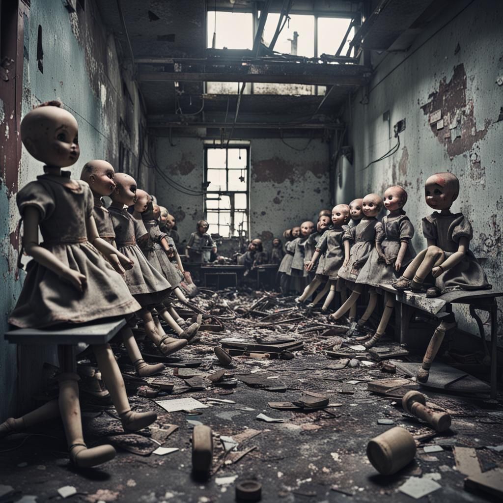 Eerie Abandoned Doll Factory with Broken Dolls