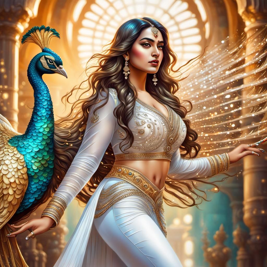 Indian Fantasy Girl with Peacock in Hyperrealistic Style