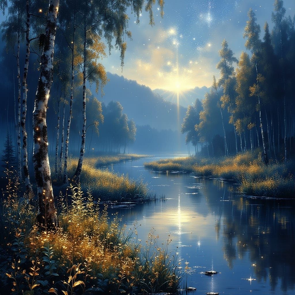 Bioluminescent Hills River Valley Impressionist Landscape