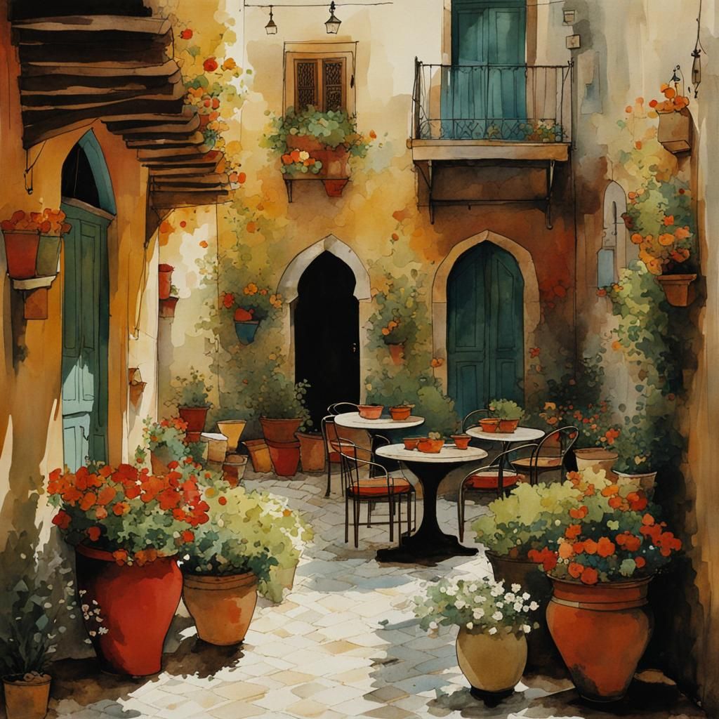 Charming Arabic Courtyard Garden Illustration