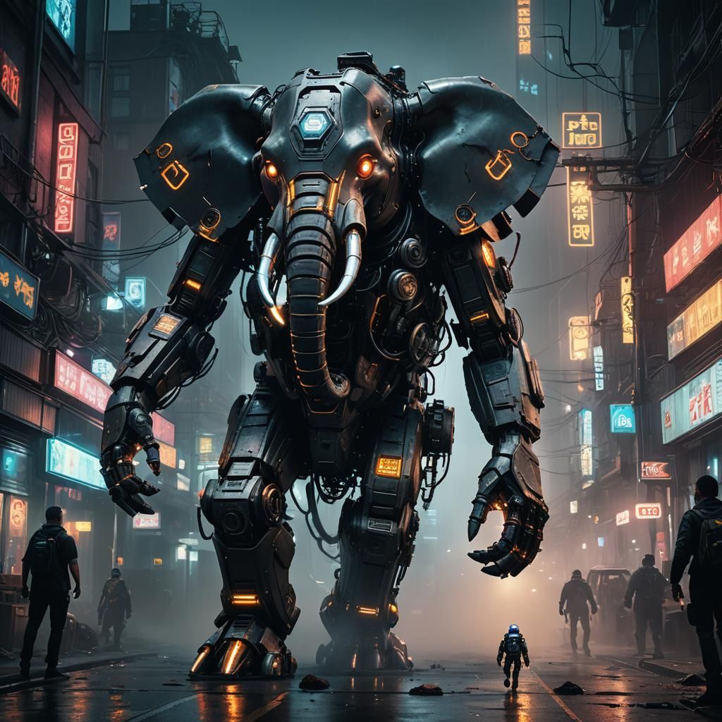 Cyberpunk Elephant Robot Crushing Humanoid on City Street