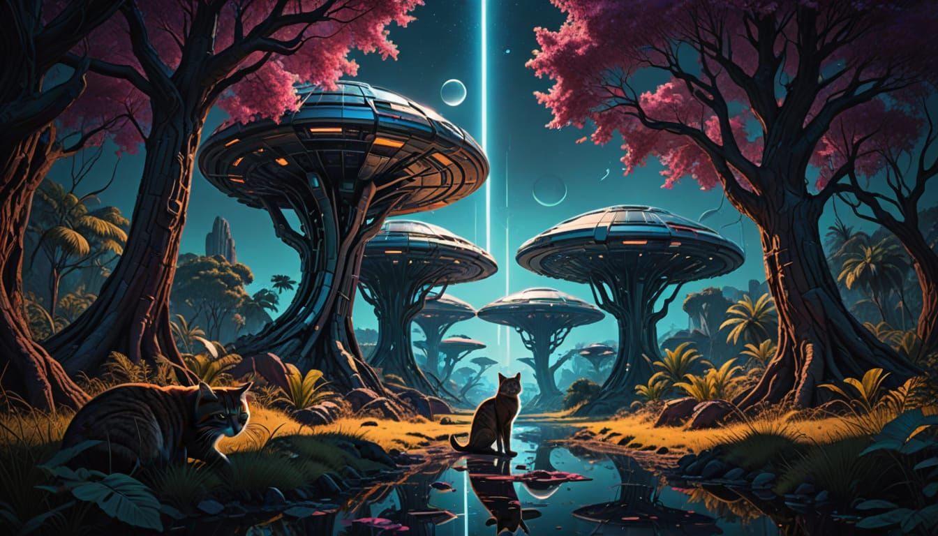 Epic Sci-Fi Landscape with Adorable Cats