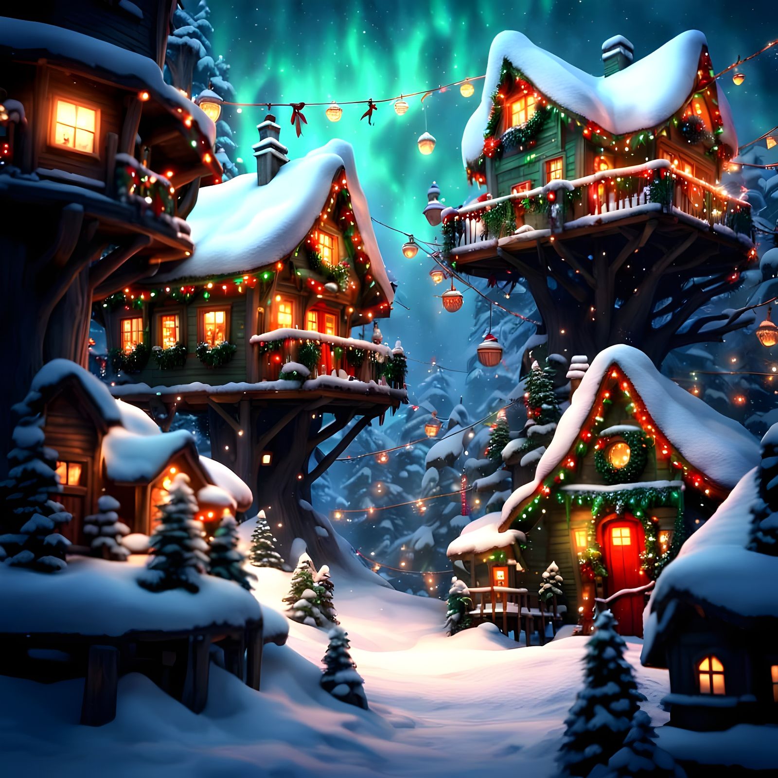 Enchanted Snowy Treehouse Village at Christmas