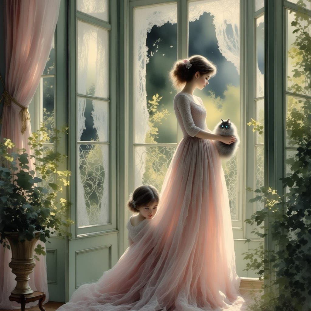 Victorian Lady with Persian Cat in Lush Garden