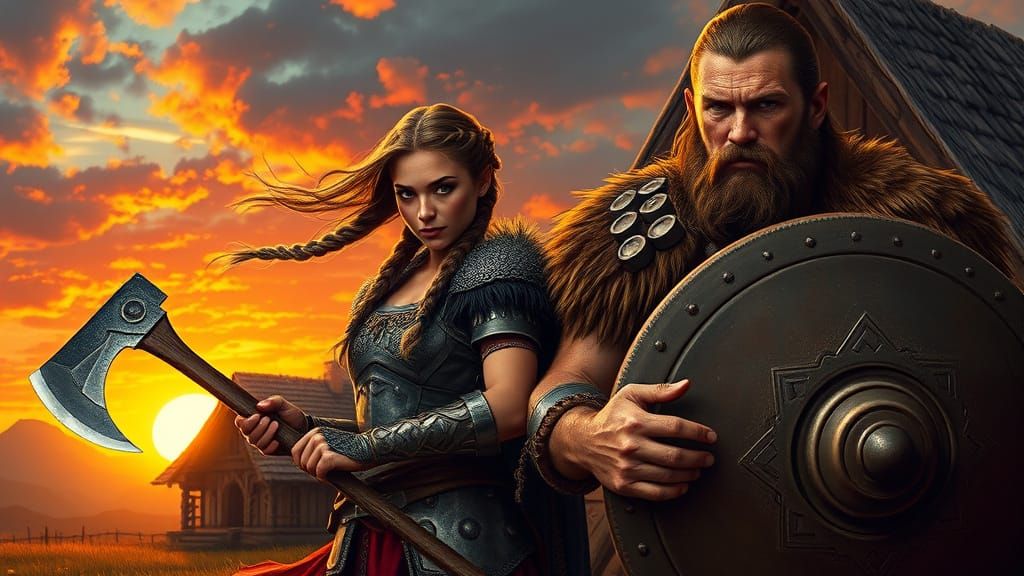 Viking Warriors at Sunset in Dramatic Fantasy Art