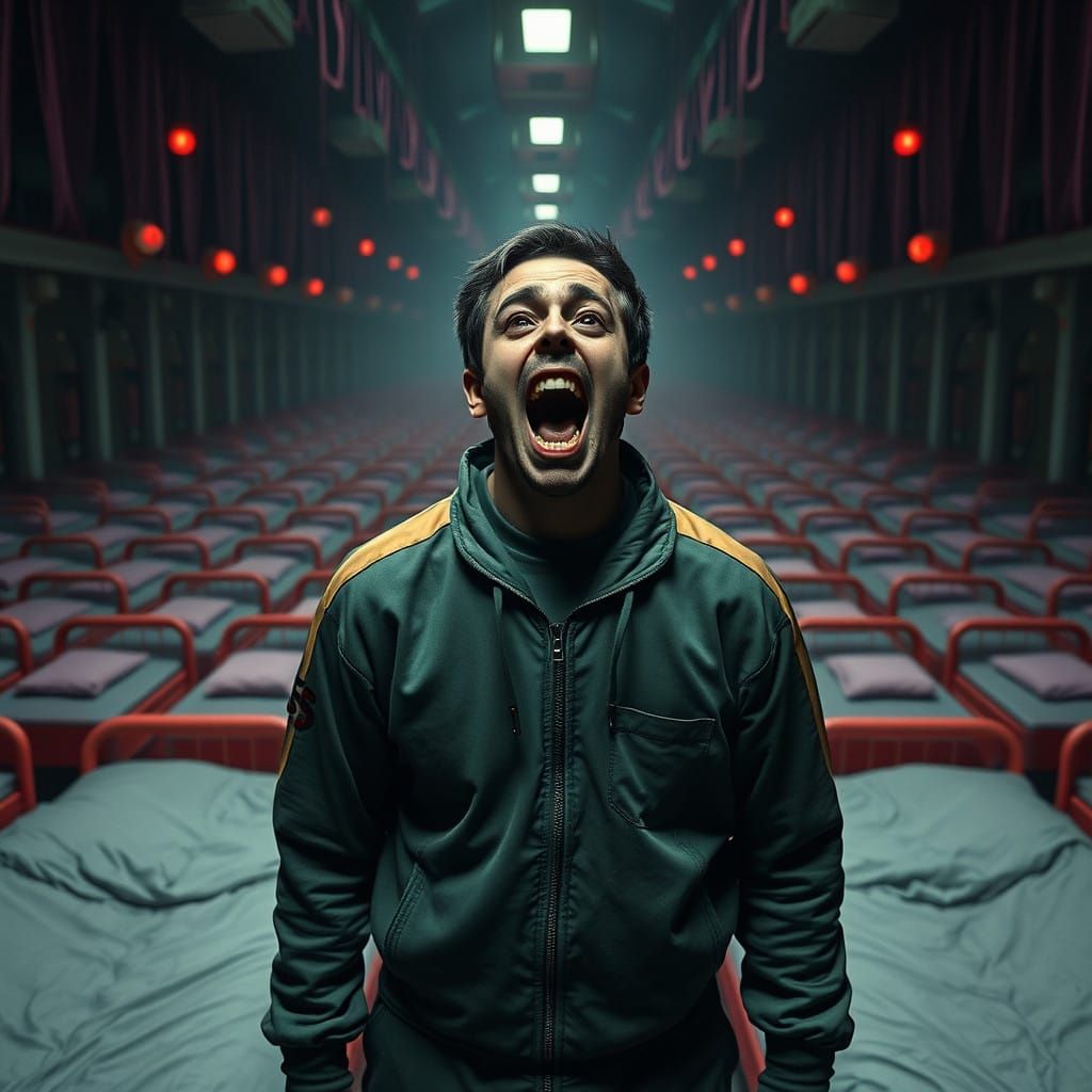 Desperate Player Overwhelmed by Dystopian Game Arena