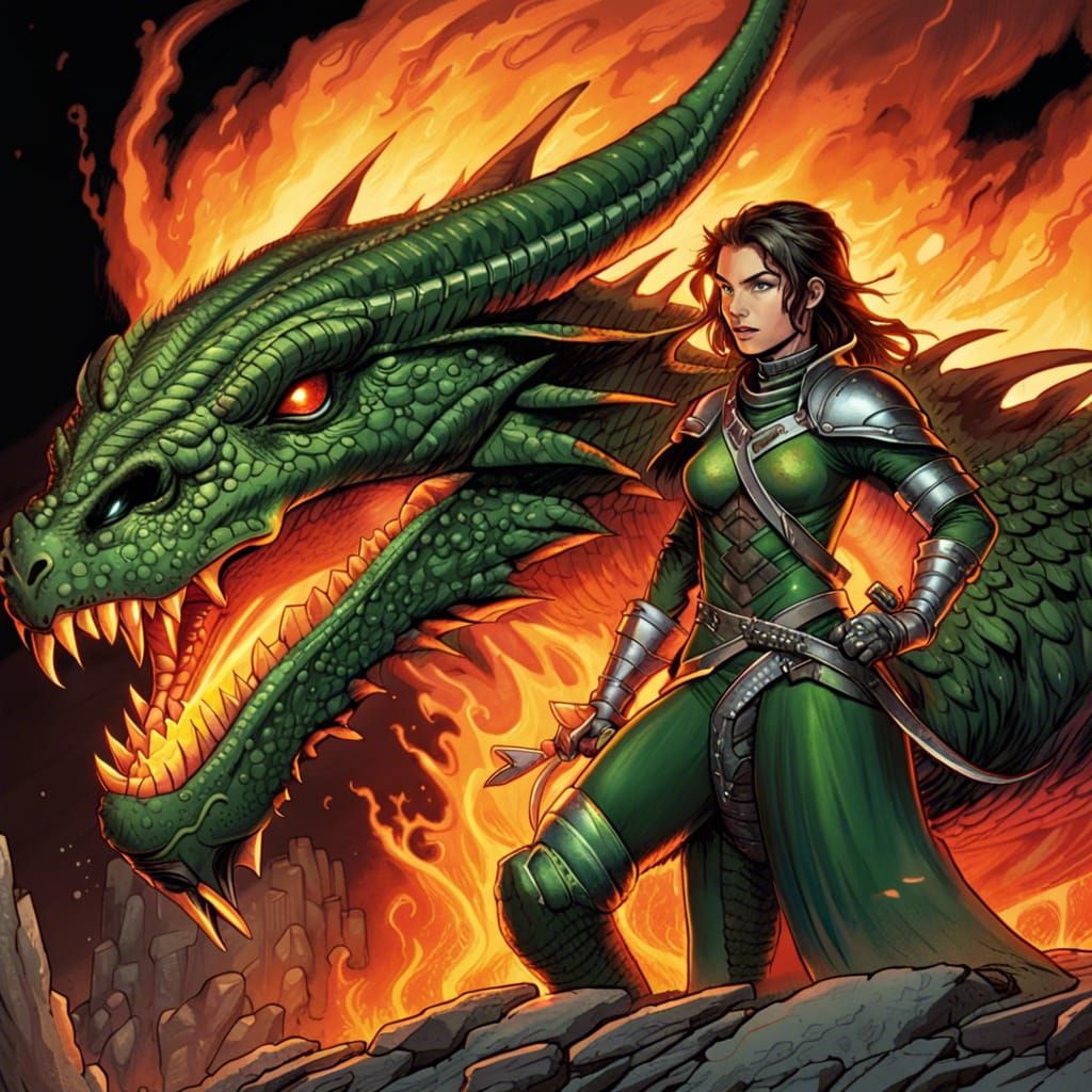 Green-Eyed Warrior Princess on Fire Dragon, Comic Art