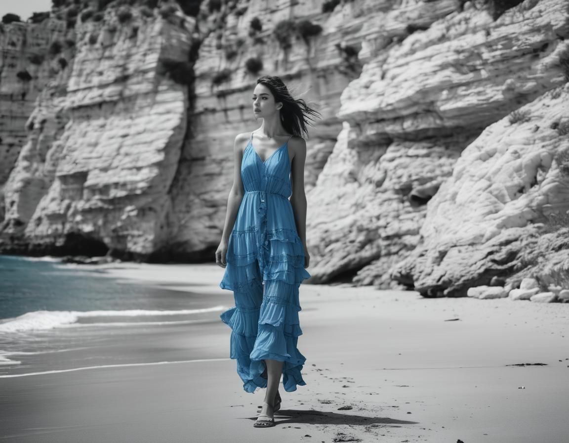 Woman in Blue Dress on Beach: Selective Color Photography