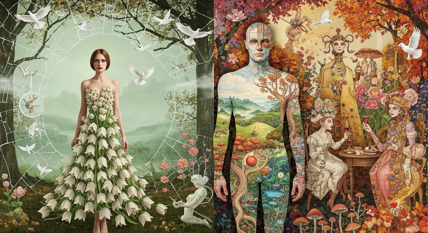 Woman in Flower Dress in Surreal Landscape
