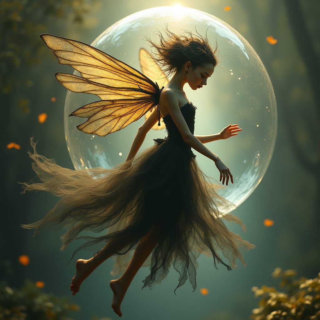 Dark Fairy Trapped in Iridescent Bubble