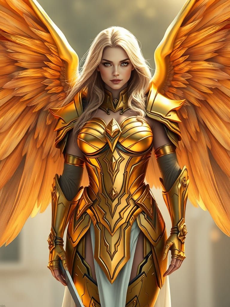 Golden Armored Angel in Heroic Pose