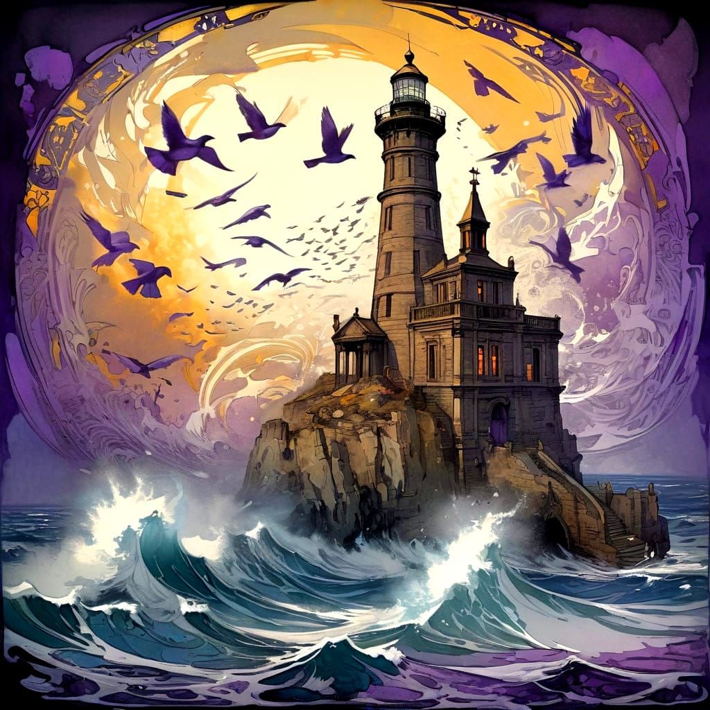 Lighthouse and Ocean Double Exposure in Pen and Splash Art