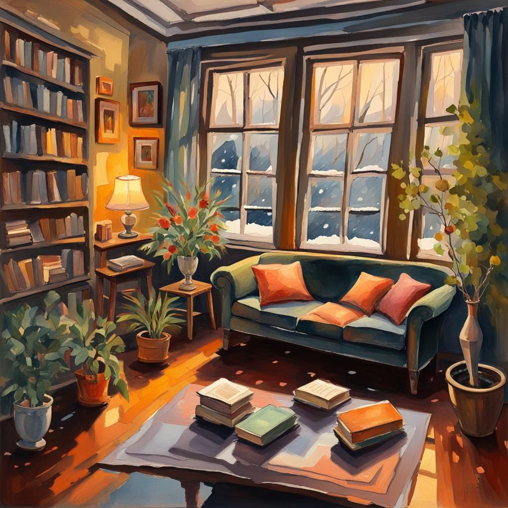 Warm Interior Scene in Gouache Impressionist Style