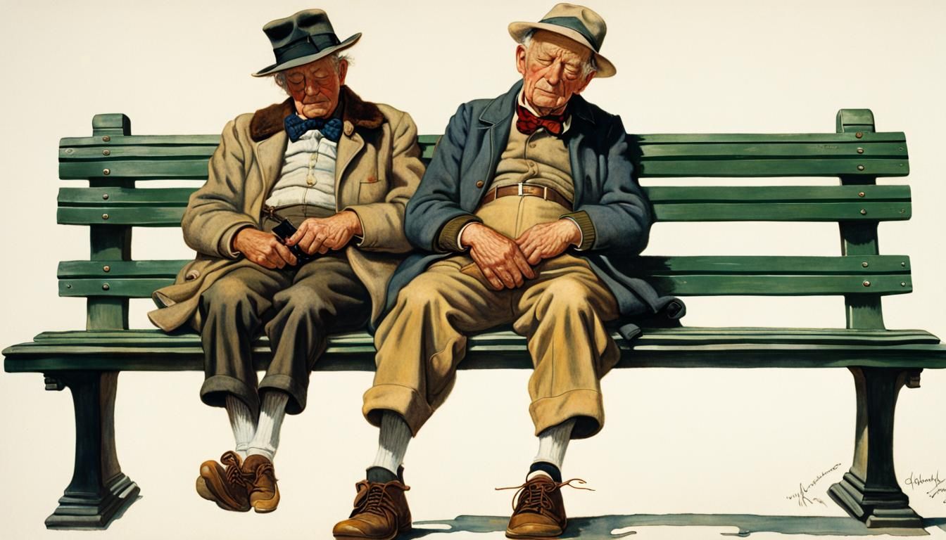 Man and Dog Asleep on Park Bench in Americana Style