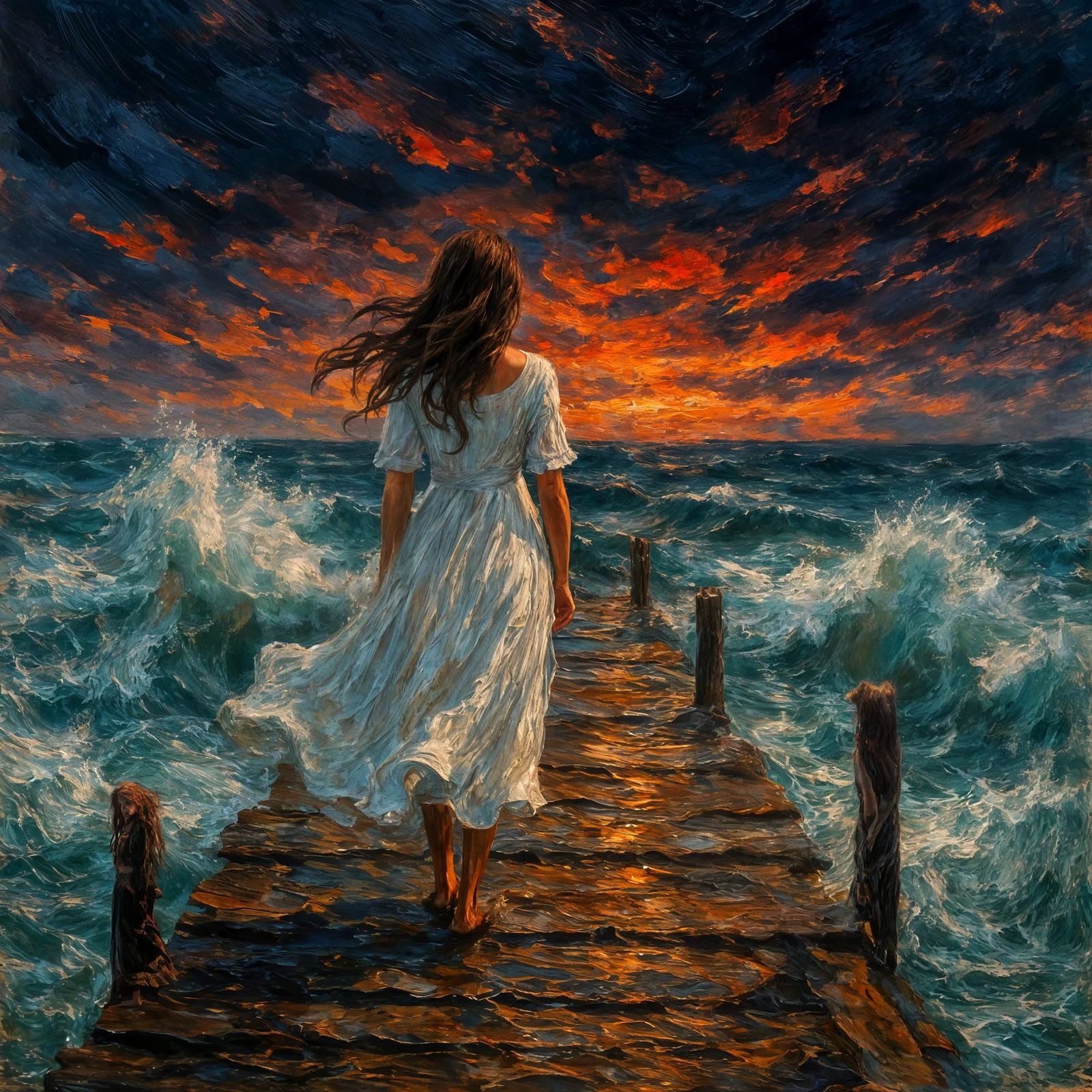 Impressionistic Seascape: Woman on Pier at Sunset
