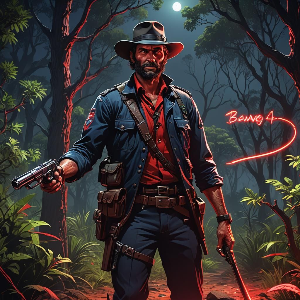 Bushranger with Revolver in Australian Bush at Midnight