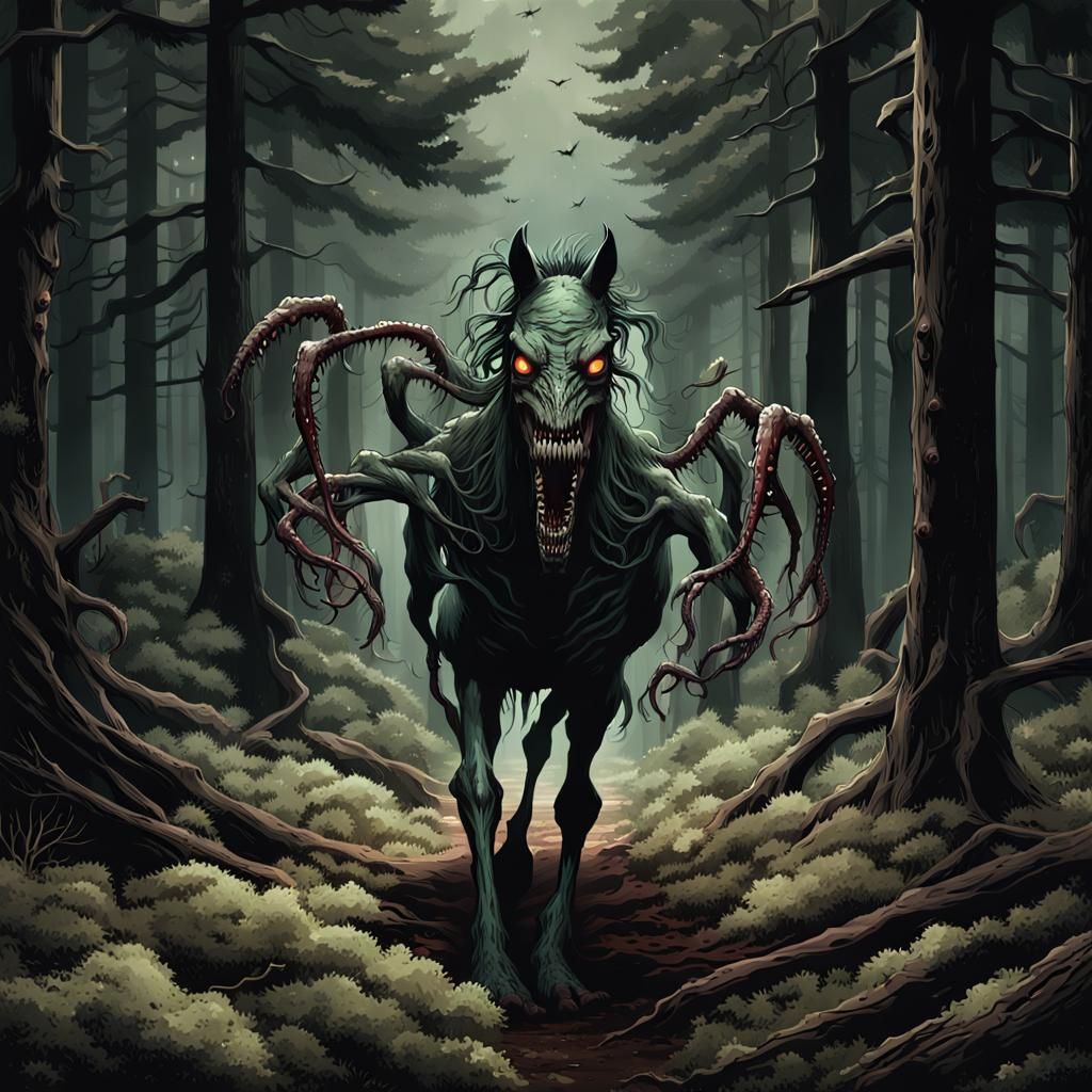 Eldritch Horse Mutant in Dark Pine Forest