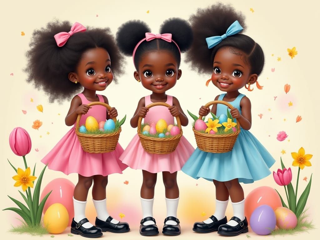 Three Diverse Young Girls Celebrate Easter in Vibrant Airbru...
