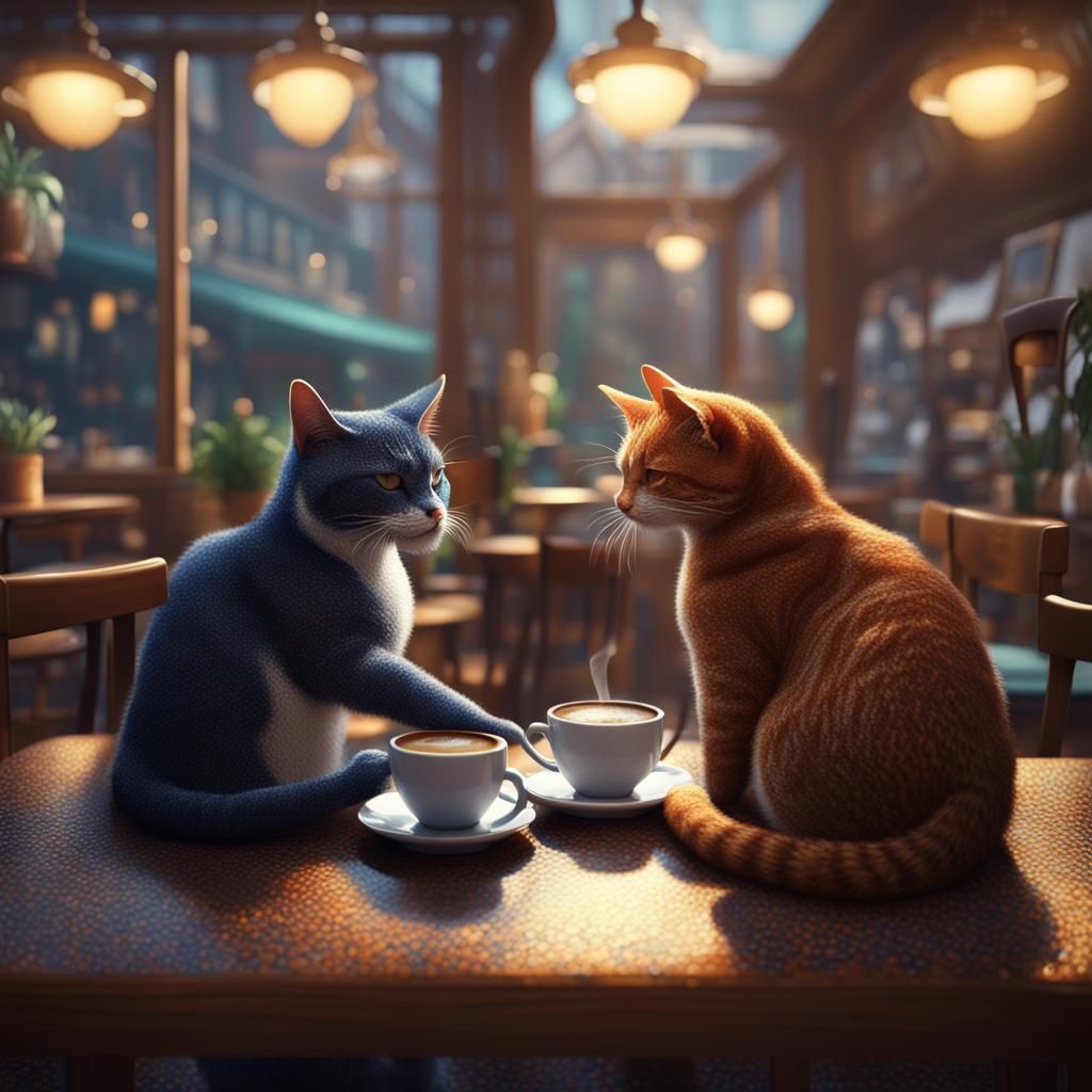 Cats in Cafe: A Pointillist Painting