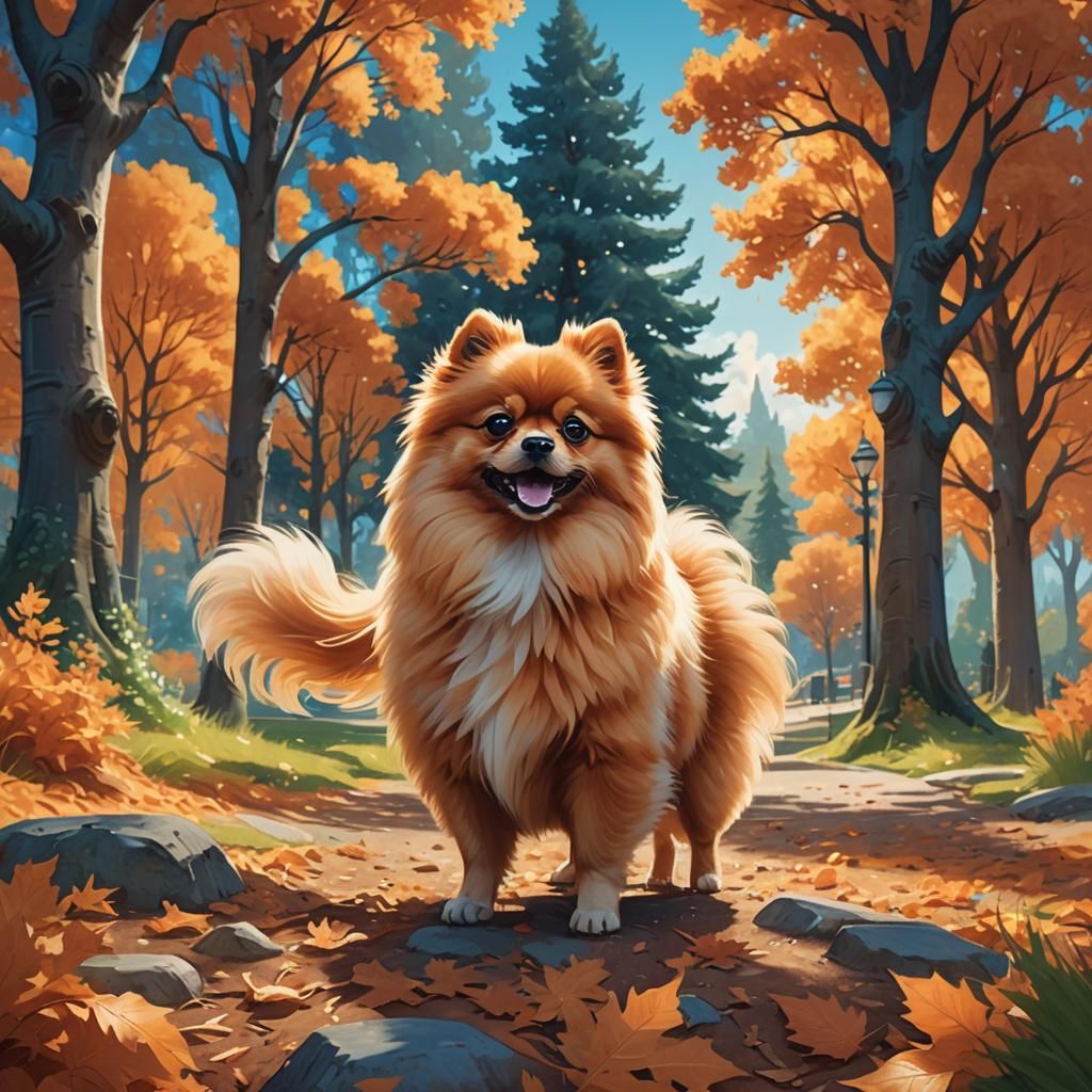 Pomeranian in Whimsical Dog Park: Fantasy Concept Art