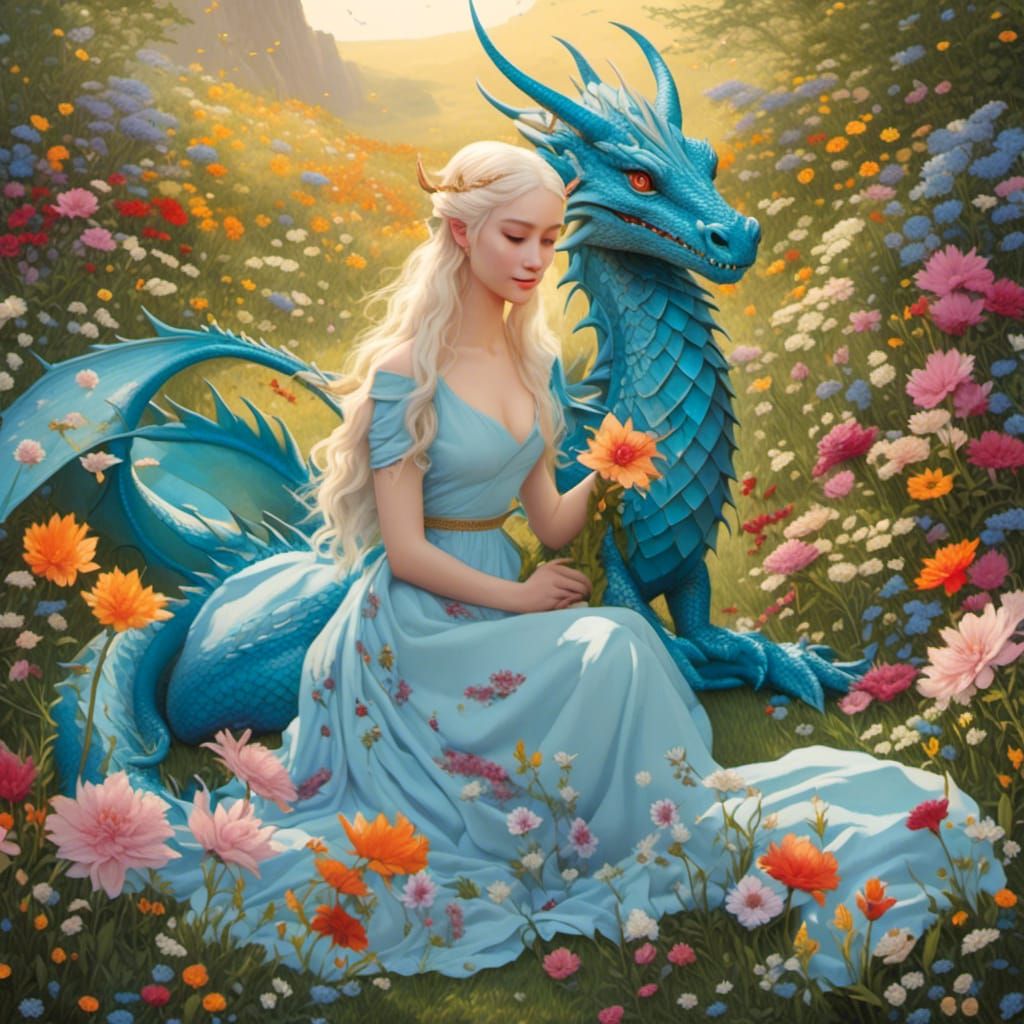 Daenerys Cuddling Dragon in Colorful Meadow