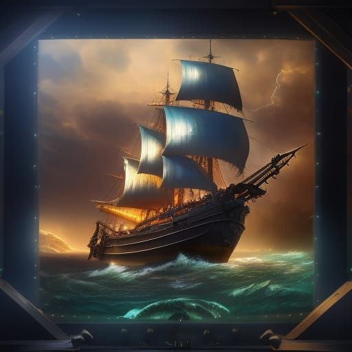 Pirate Ship on Mystical Sea: Steampunk Victorian Galaxy Art
