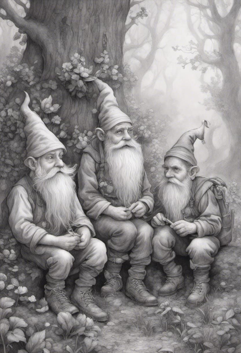 English woodland environment, 3 bald bearded grumpy gnomes, bulbous noses, flowers and foliage covering the ground, dres...