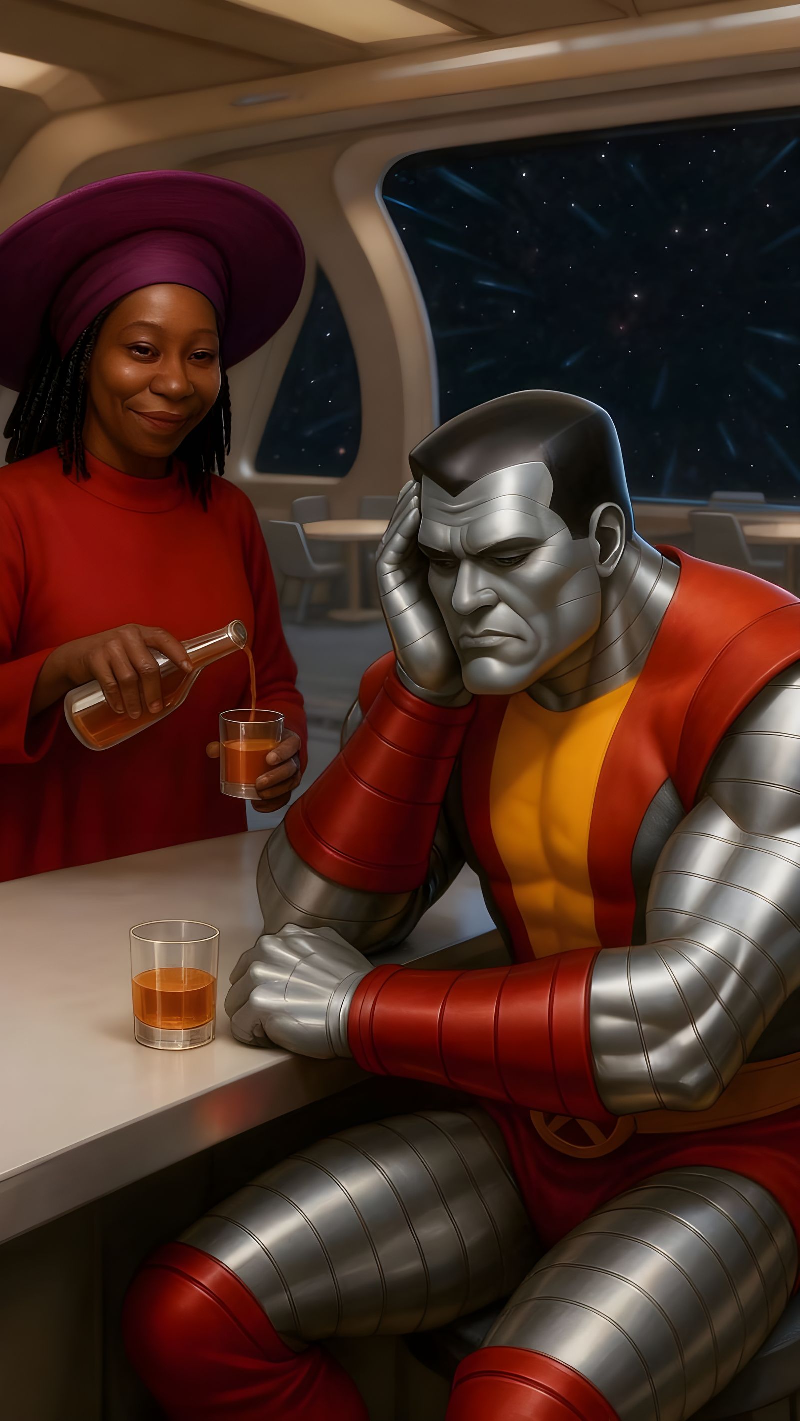 Guinan Counsels Troubled Colossus at Ten Forward