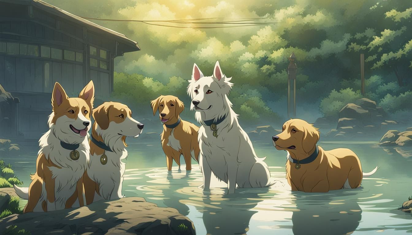 Dogs Relaxing at Hot Spring: Ghibli Anime Style