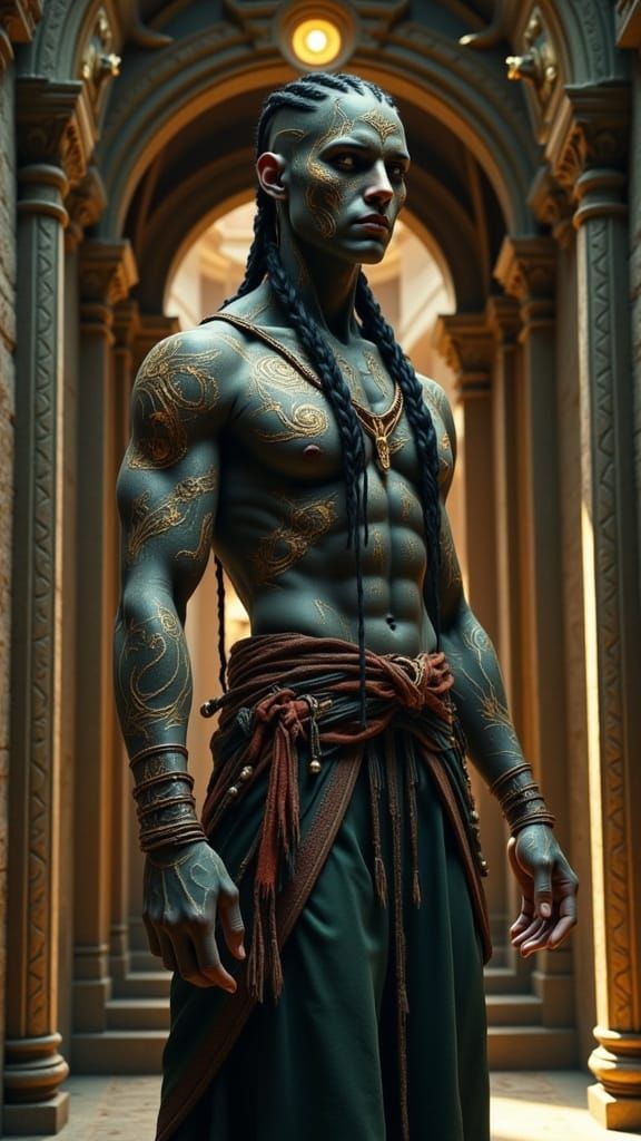 Hybrid Humanoid with Runes and Tribal Markings